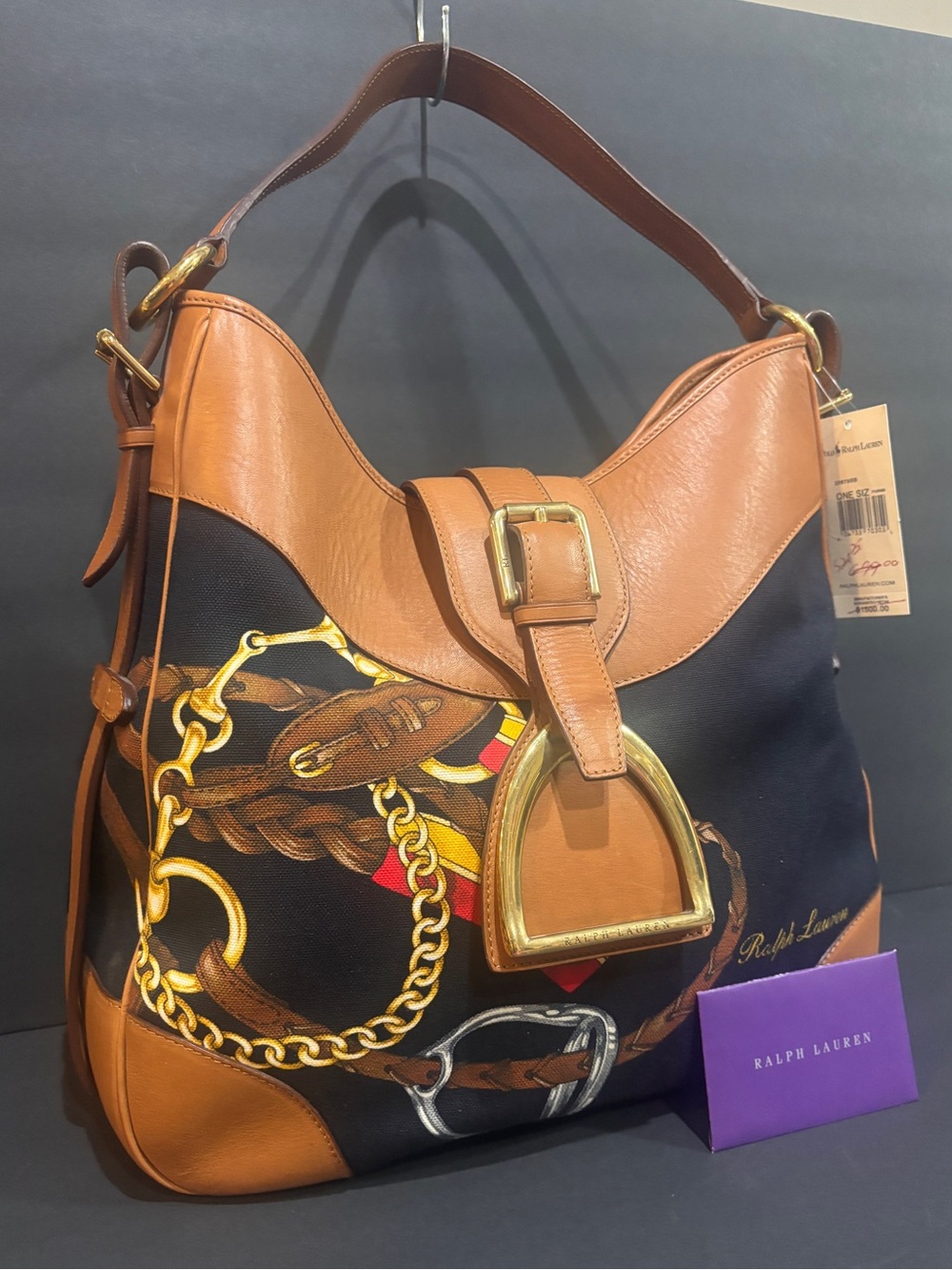 Vintage Ralph Lauren Old Money Large Equestrian Stirrup Saddle Bag Black Canvas